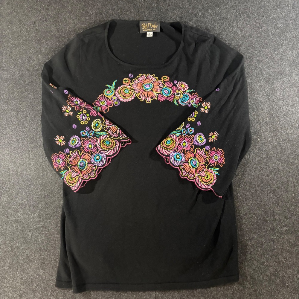 Bob Mackie Wearable Art Top Womens L Black Floral Embroidered Boho Artsy Sweater